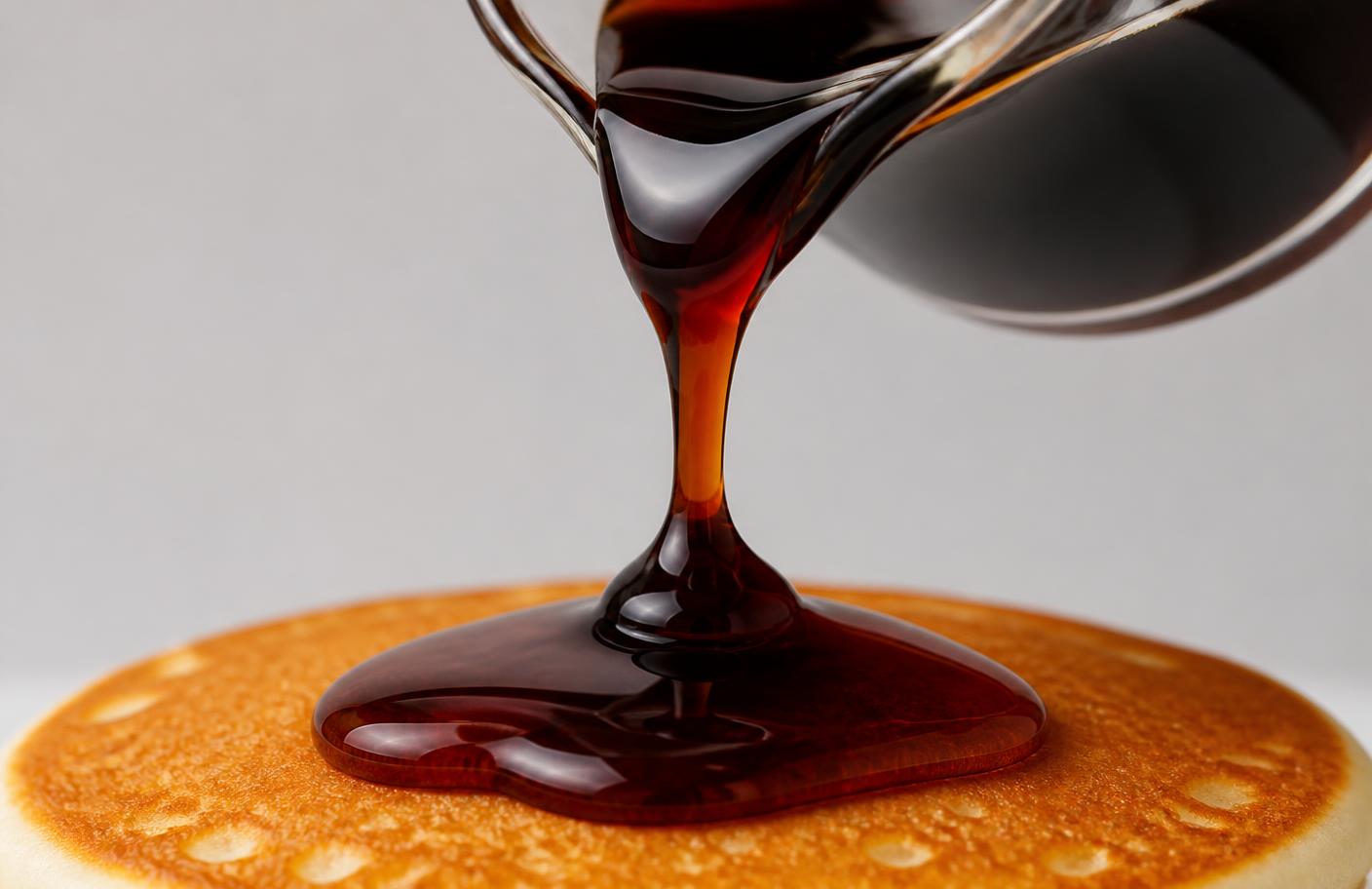 Thick glossy syrup pouring from a small pitcher onto a single golden pancake in a studio