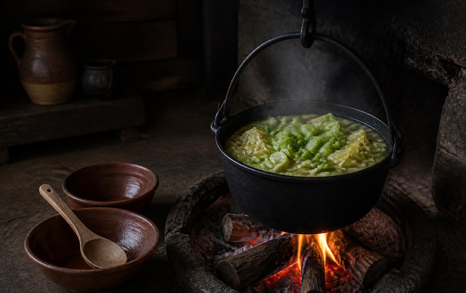 An iron cauldron of pea and cabbage stew steaming over a low hearth fire with earthenware bowls nearby