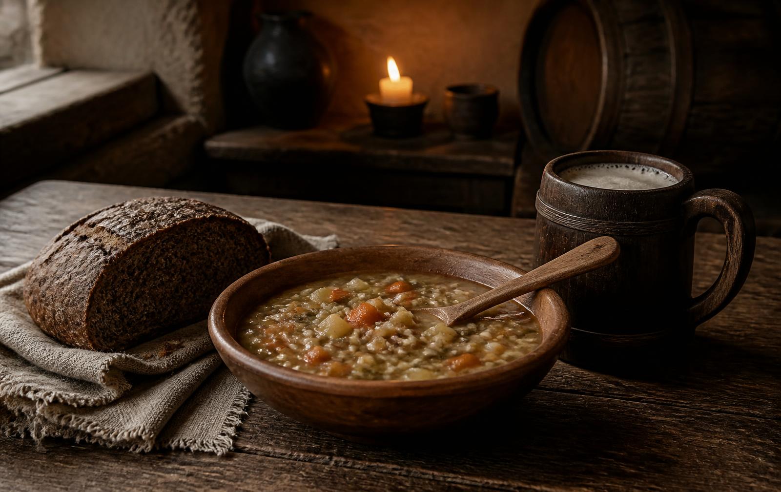 A wooden bowl of thick barley and vegetable pottage beside a dark coarse loaf and a wooden cup of ale on a rough table