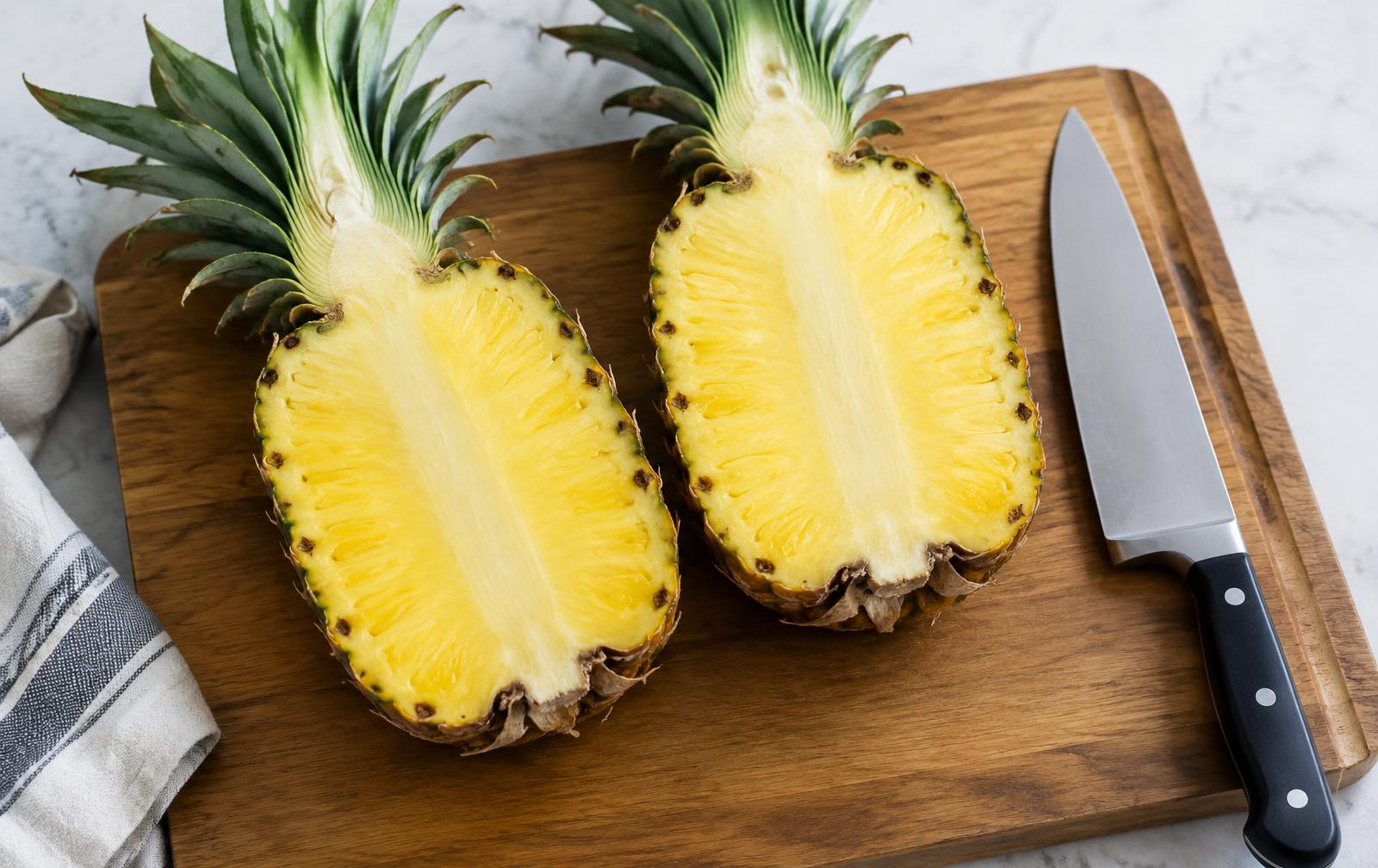 A pineapple cut in half lengthwise on a wooden board, showing the pale fibrous core running through the center
