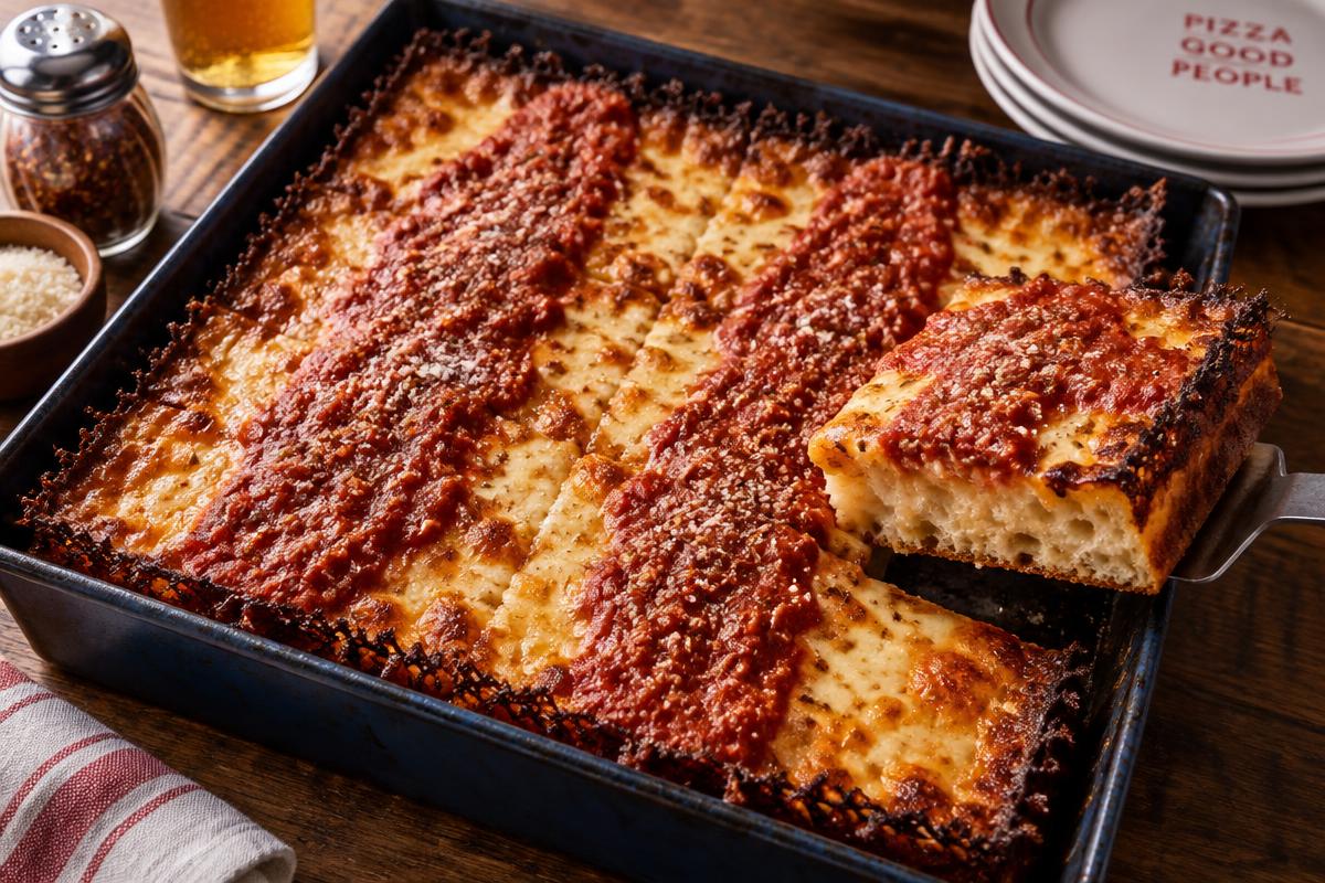 A thick Detroit-style square pizza with a caramelized cheese edge, cut into rectangles