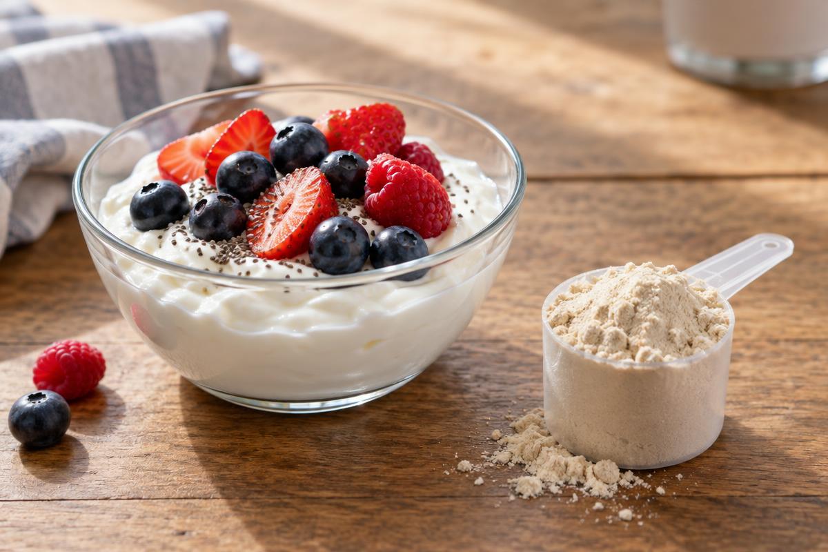 A bowl of Greek yoghurt topped with berries and chia seeds next to two boiled eggs