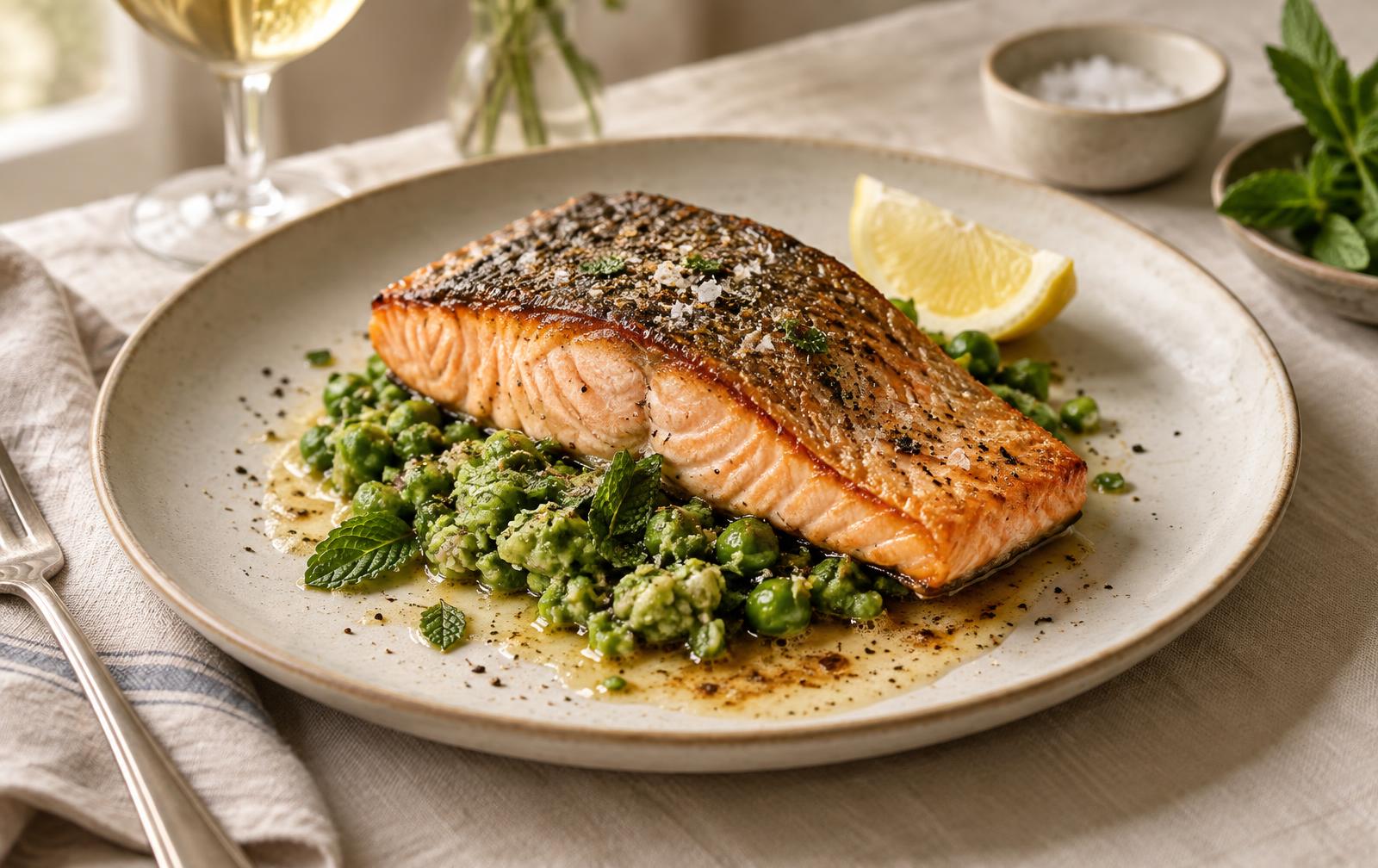 Crisp-skinned pan-seared salmon on crushed minted peas with brown butter and a lemon wedge, a 20-minute dinner plated simply