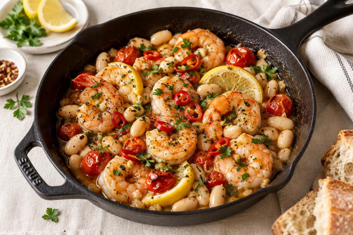Garlic butter shrimp with white beans, blistered tomatoes, red chile and lemon in a cast iron skillet, a 12-minute dinner