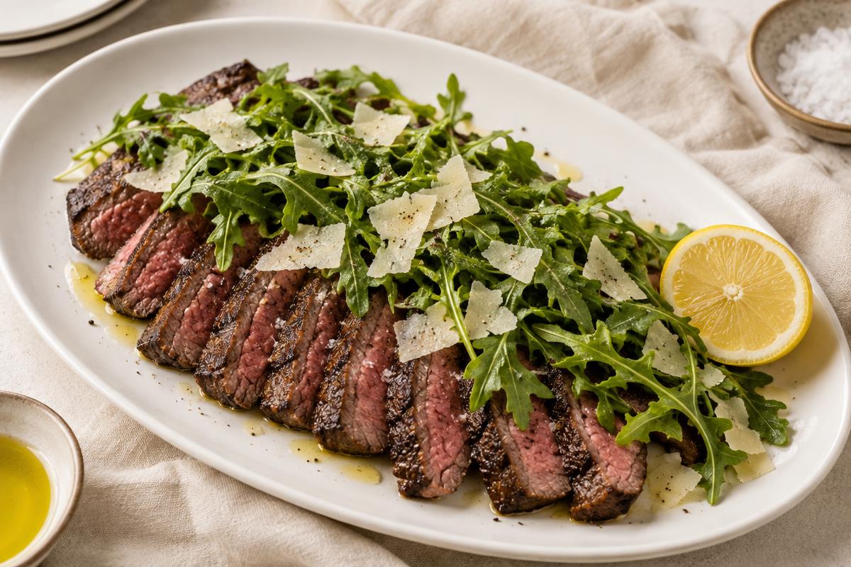 Sliced medium-rare steak tagliata fanned on a platter under arugula, shaved Parmesan and lemon