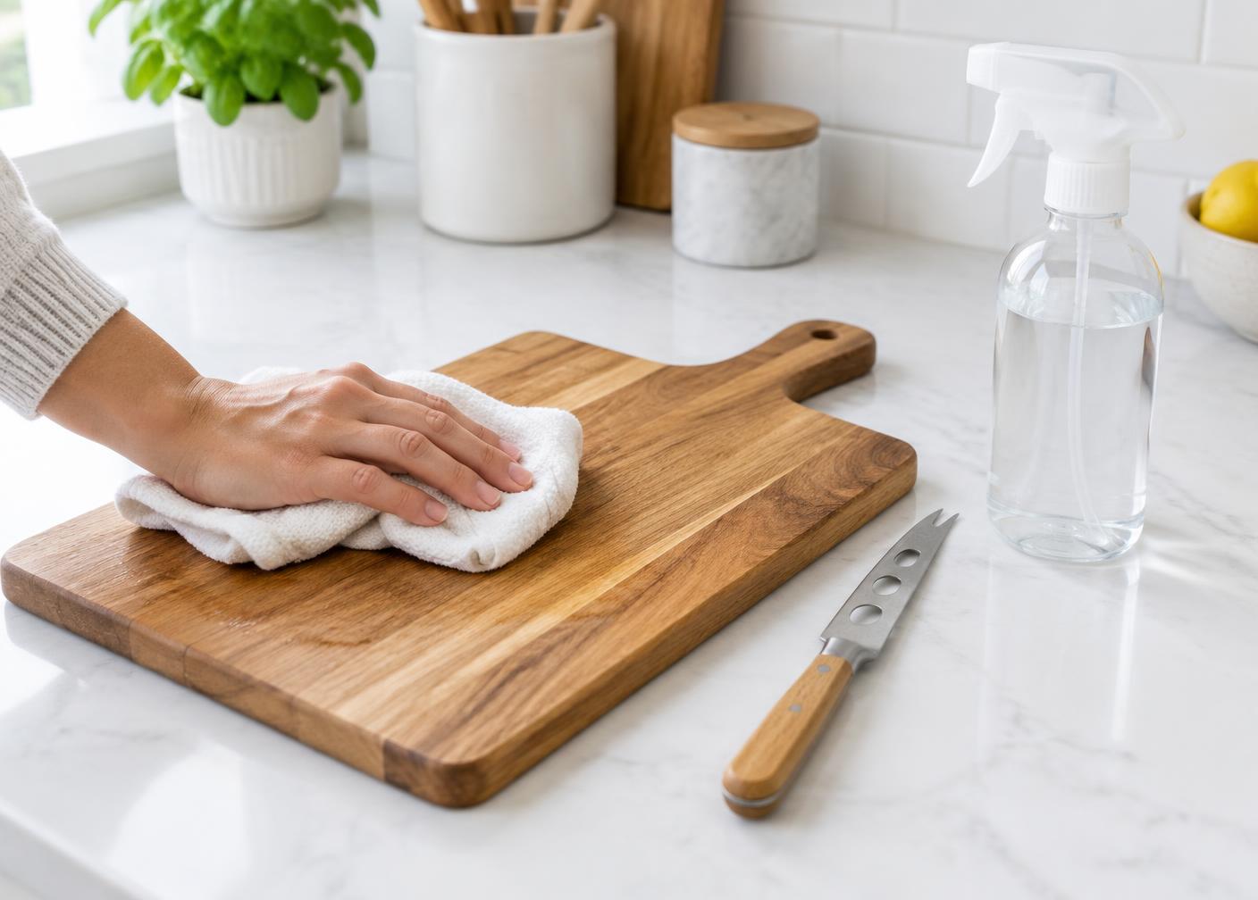 A hand wiping a wooden cutting board with a cloth beside a cheese knife and a spray bottle