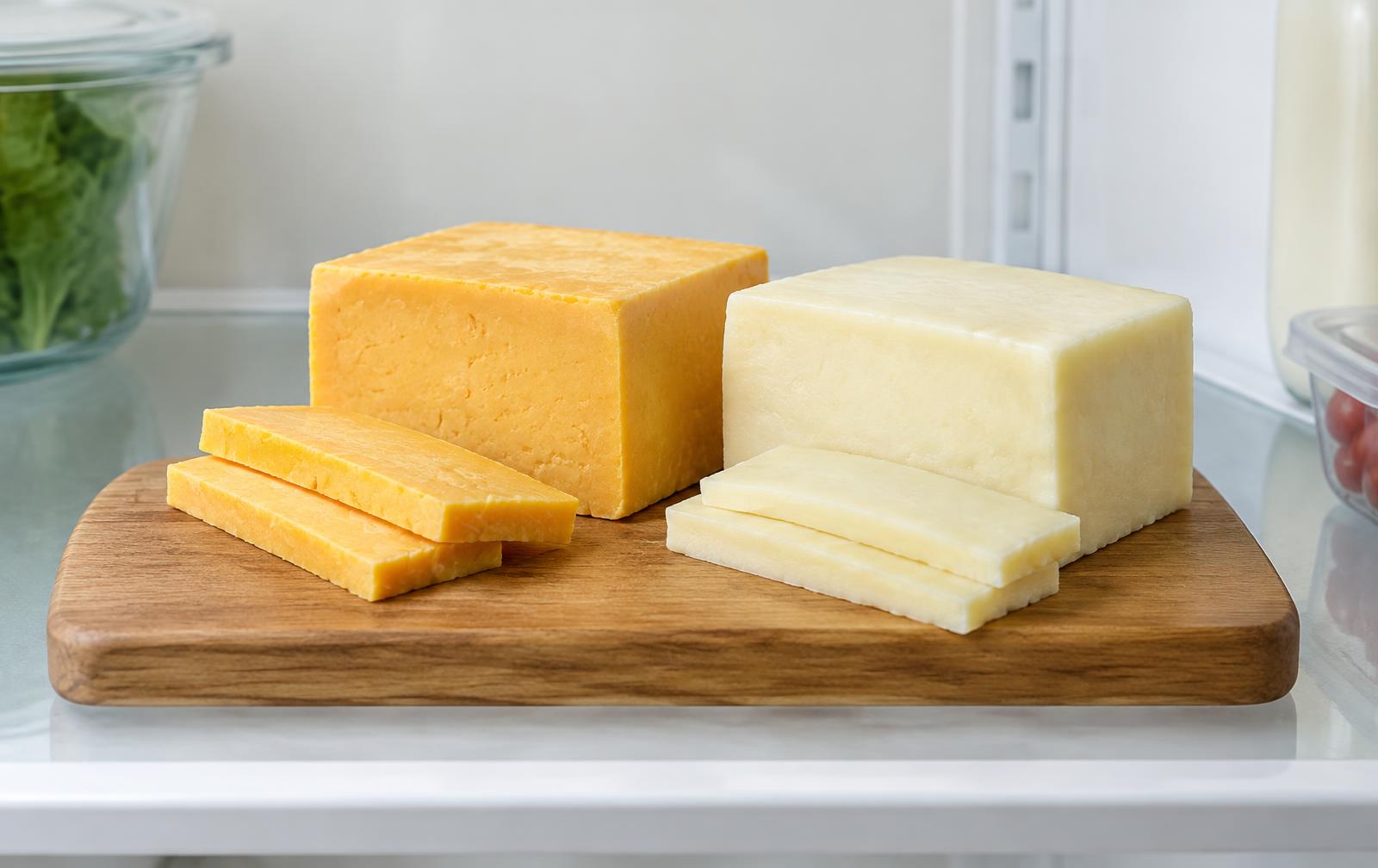 Blocks of cheddar and Monterey jack cheese on a wooden board inside a home refrigerator