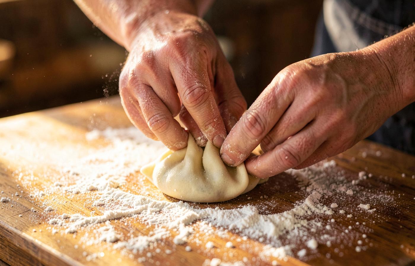 Hands pleating a pork dumpling on a floured wooden board