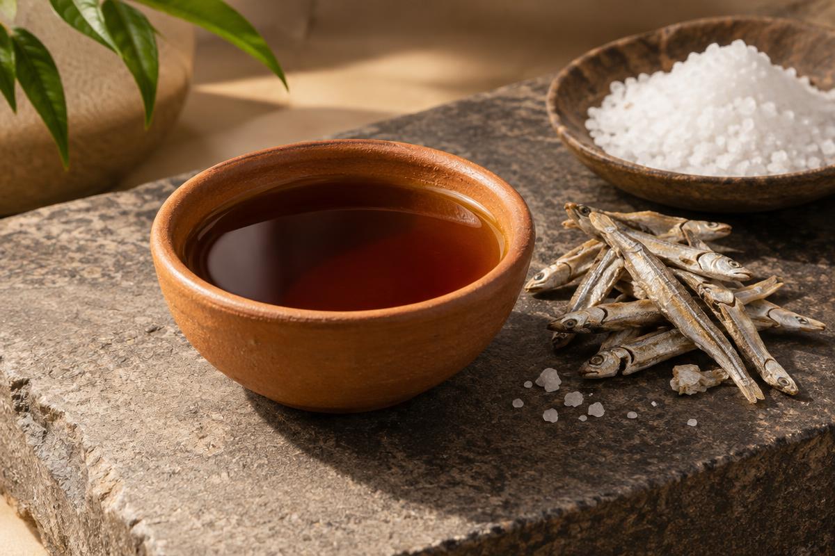 A clay amphora pouring dark fermented fish sauce over a plate of salted anchovies