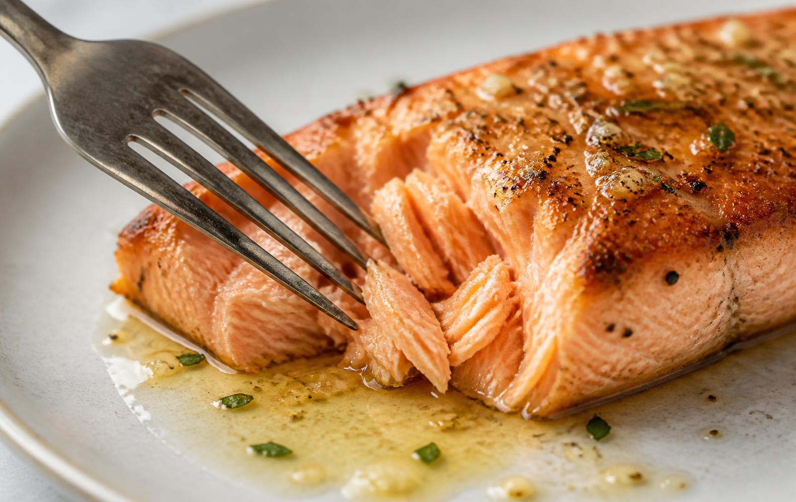 A fork flaking into a cooked salmon fillet showing a moist pink interior with garlic butter pooling on the plate