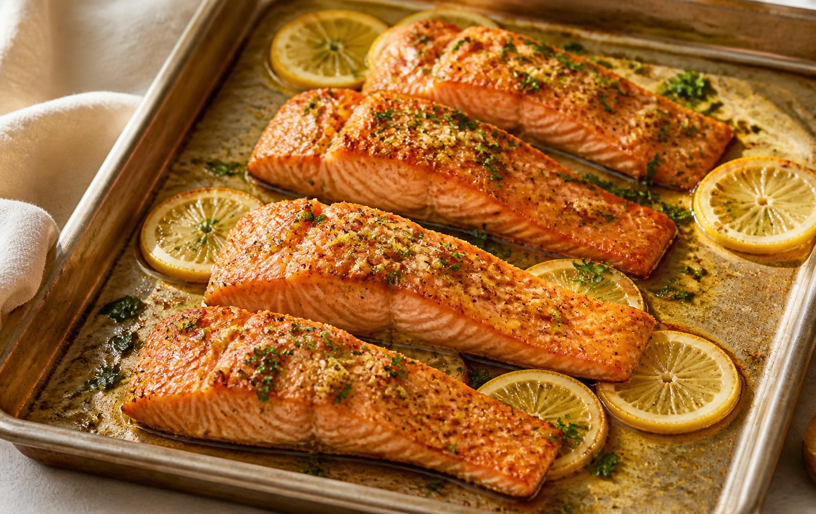 Four baked salmon fillets on a sheet pan glossy with garlic butter, lemon slices and chopped parsley