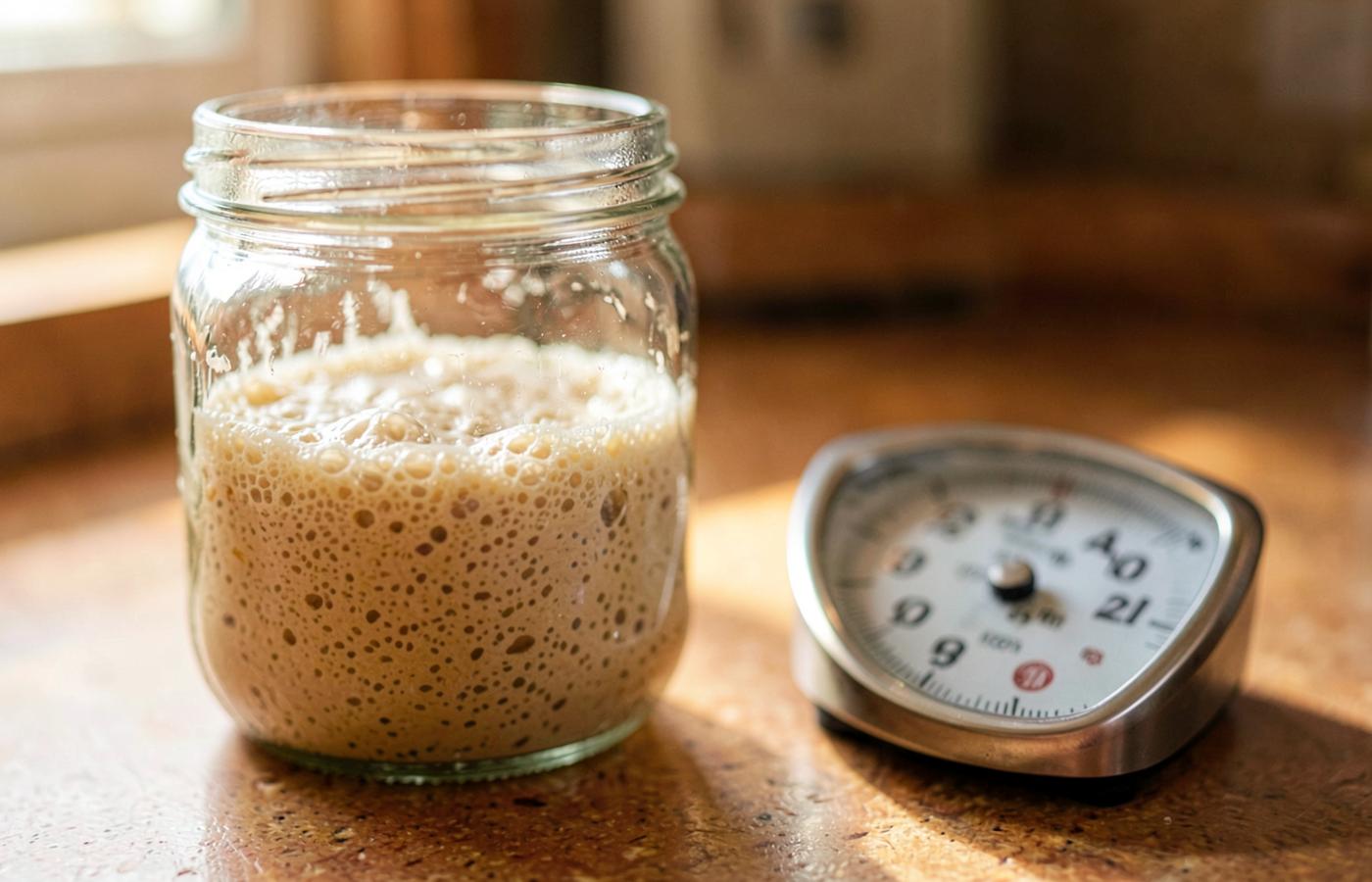 Kitchen scale and glass jar on a counter in warm light