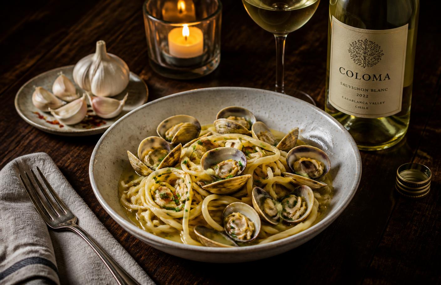 A bowl of linguine with clams in white wine broth beside garlic cloves and a glass of white wine