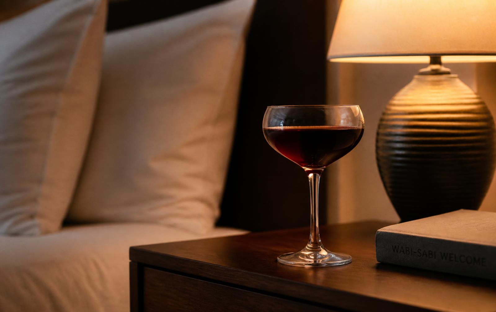 A dark red drink in a stemmed glass on a bedside table beside a lit lamp and a book