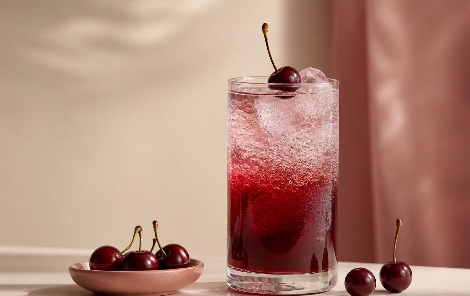 A tall glass of deep red tart cherry juice topped with sparkling water over ice, with fresh cherries beside it
