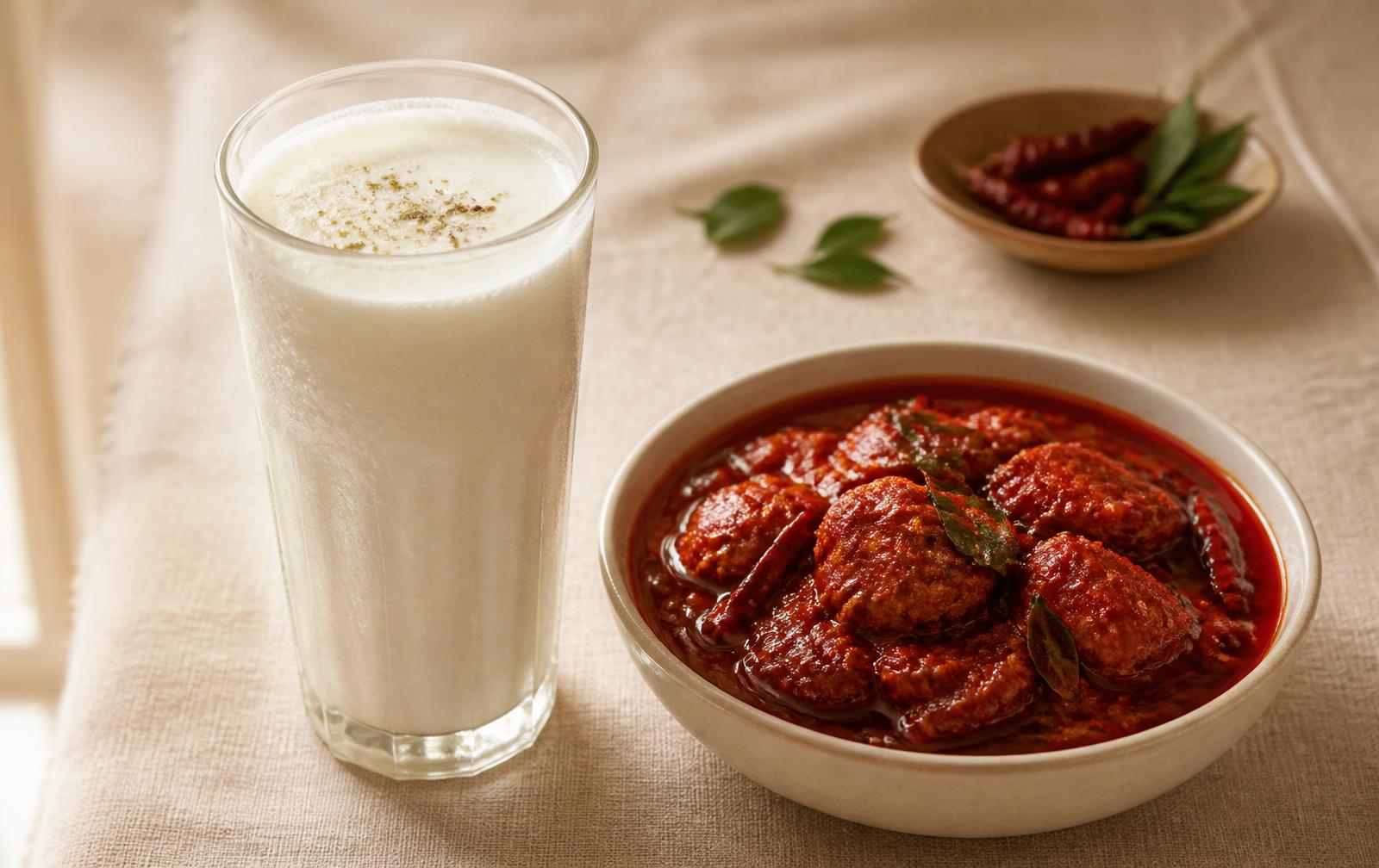 A tall glass of cold lassi beside a bowl of deep red chili curry on cream linen