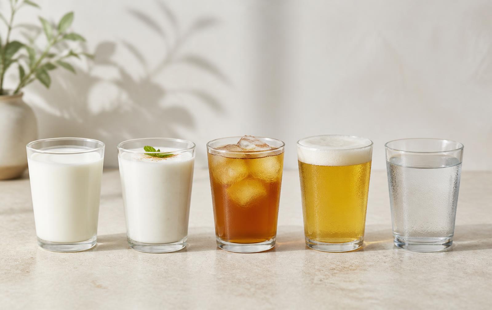 Five glasses lined up: whole milk, yogurt lassi, iced tea, cold lager and water