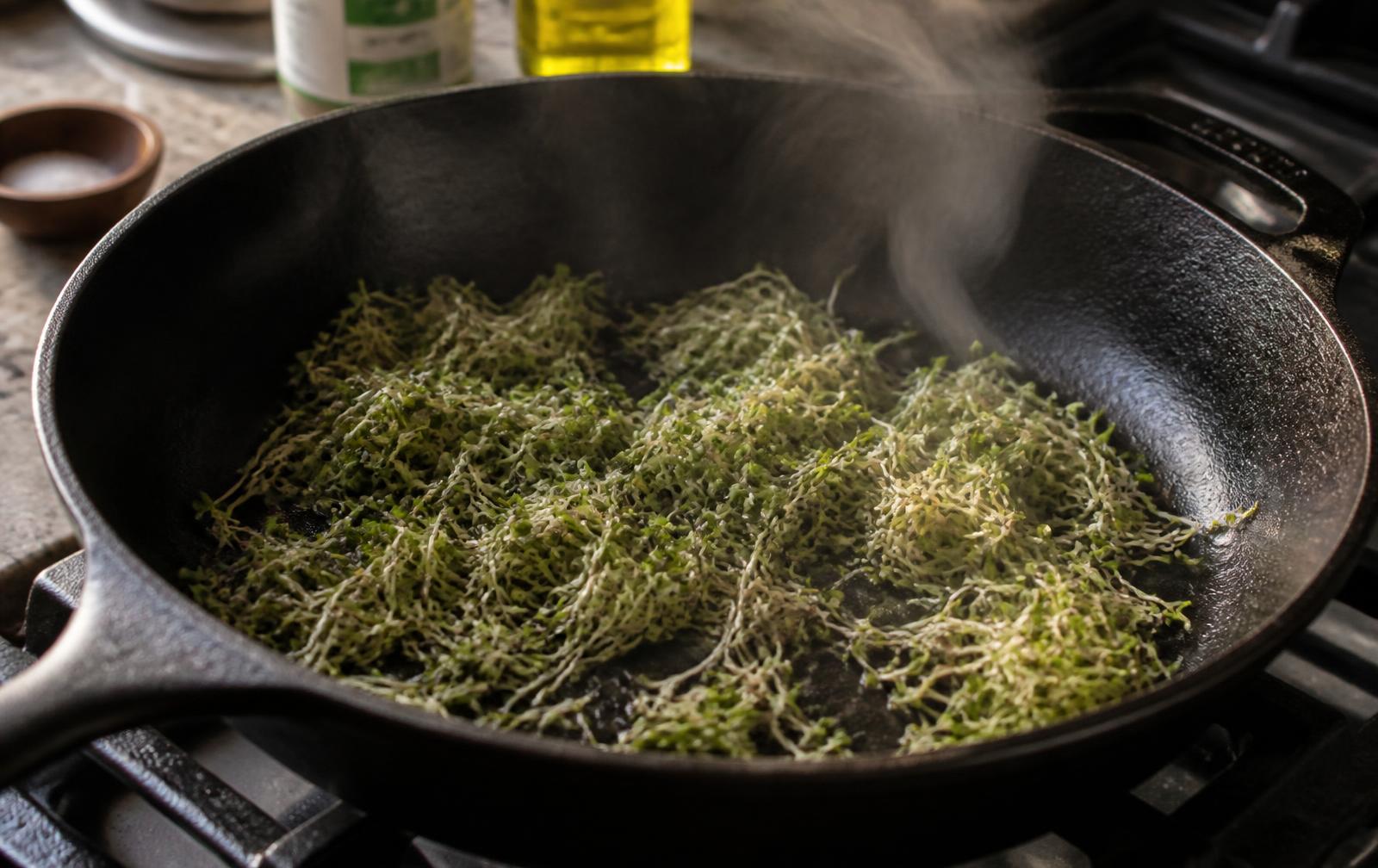 Broccoli sprouts cooking in a hot cast iron skillet with a little oil, wilting with steam rising