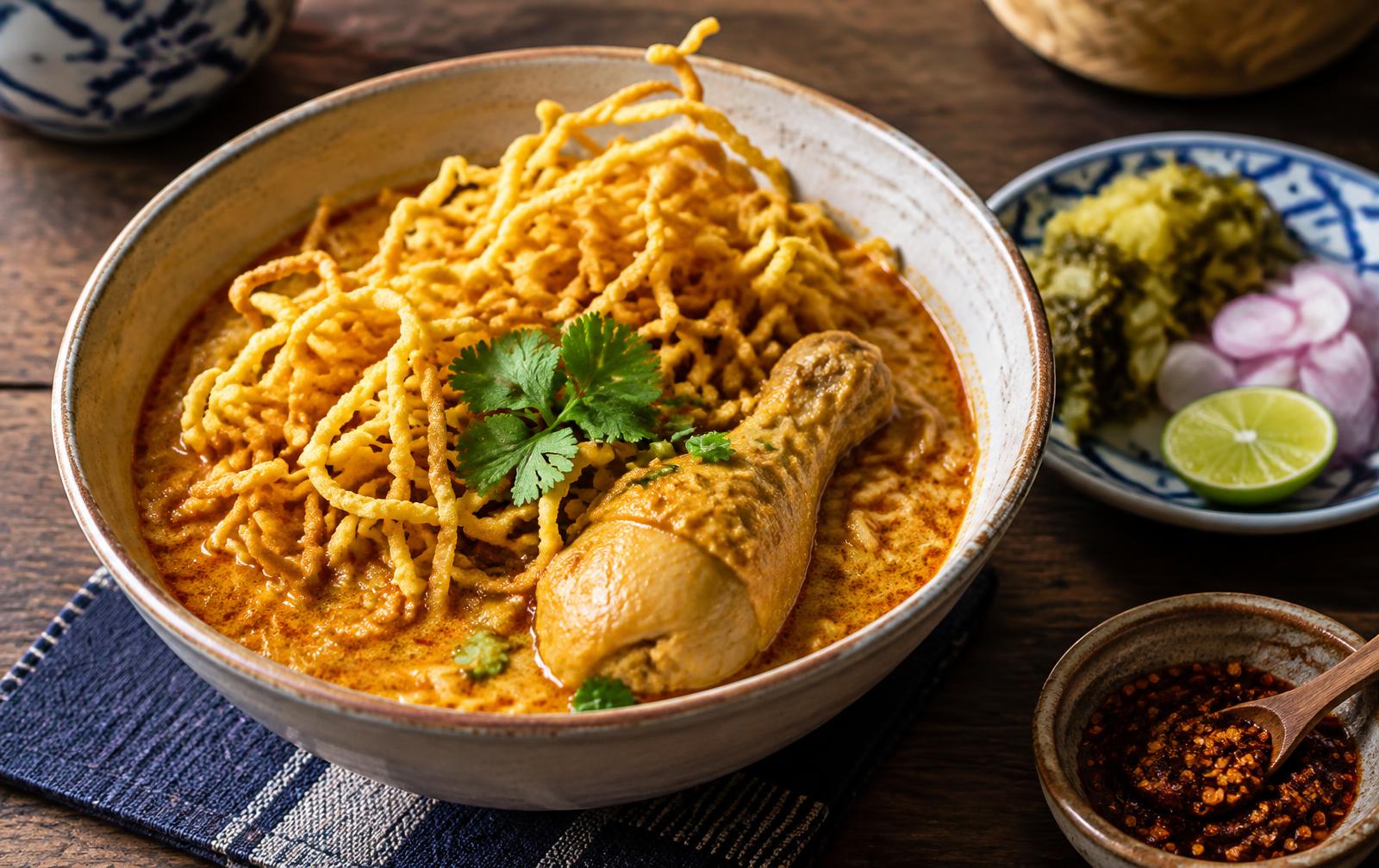 Chiang Mai khao soi, golden coconut curry noodle soup with a chicken drumstick and crispy fried noodles, with pickled greens, shallots and lime