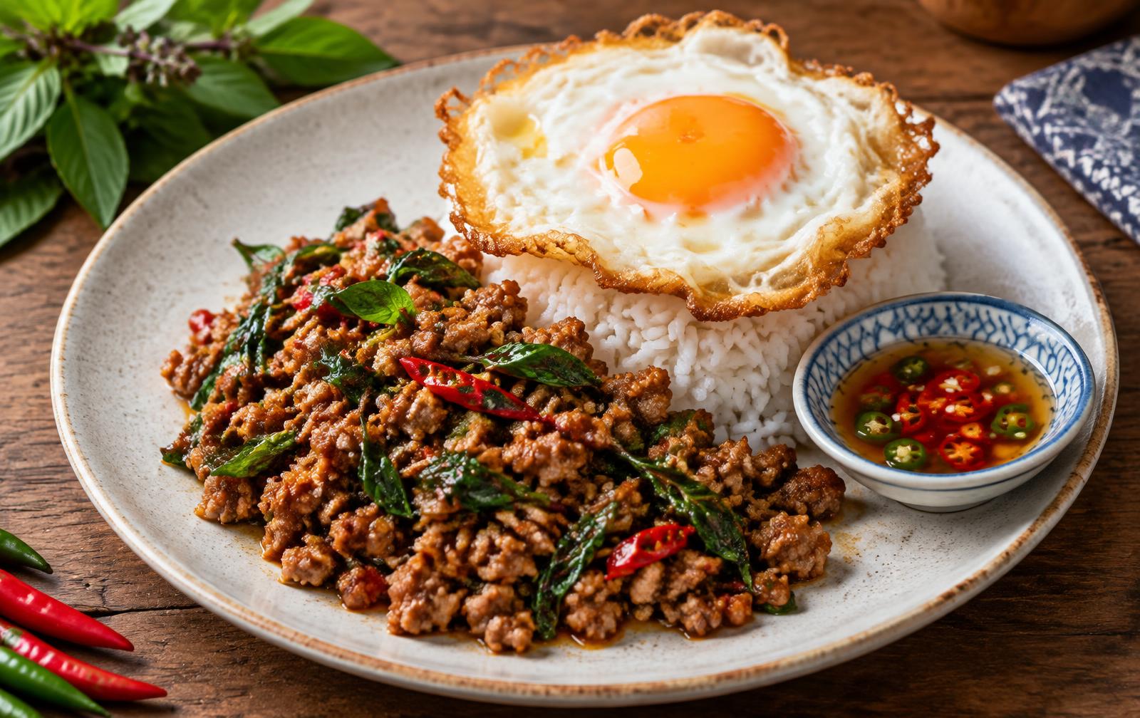 Pad kra pao, minced pork with holy basil and chilies over jasmine rice, topped with a crispy-edged fried egg and a bowl of chili fish sauce