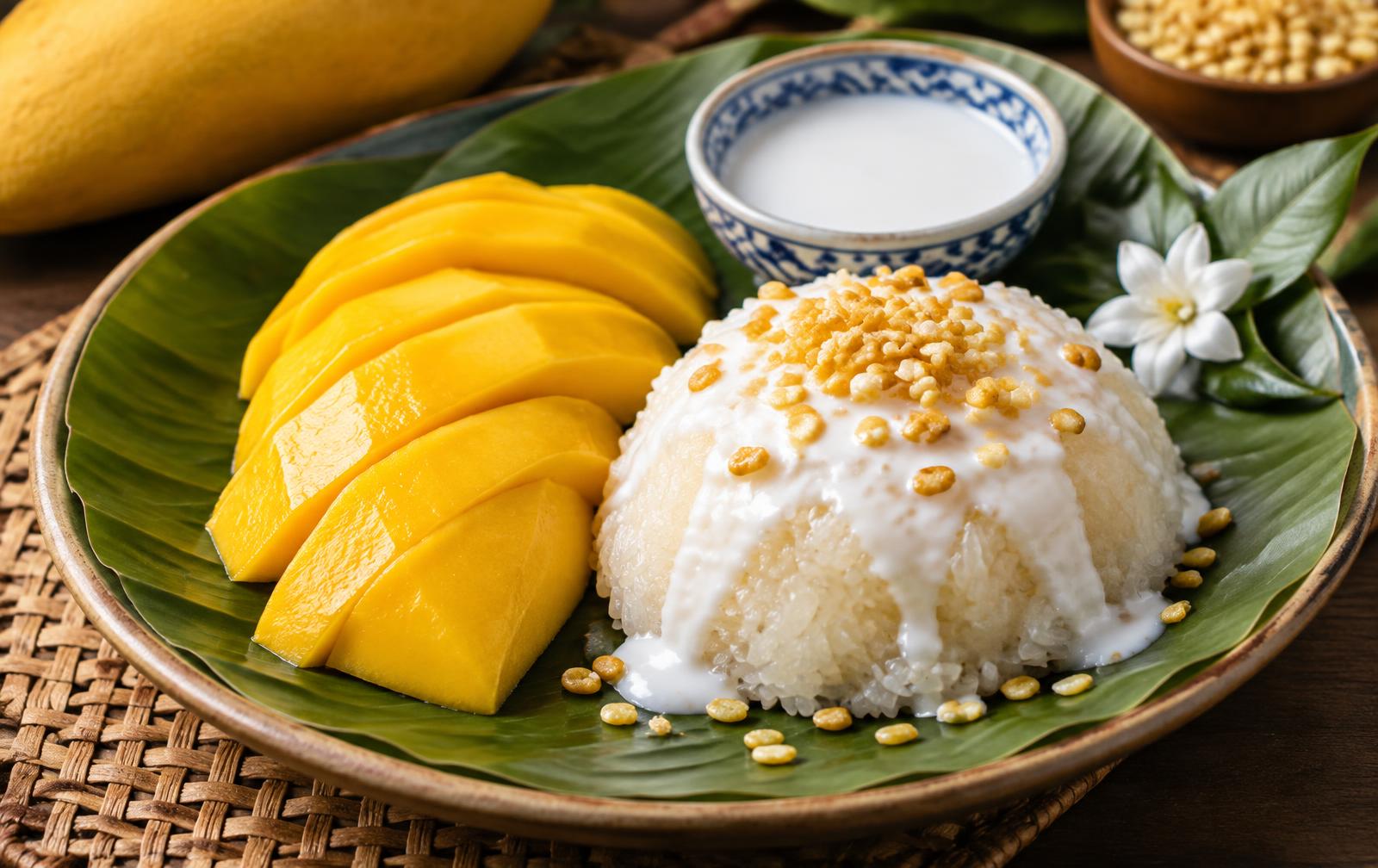 Mango sticky rice on a banana leaf, with sliced yellow mango, coconut cream drizzled over sticky rice and crispy mung beans
