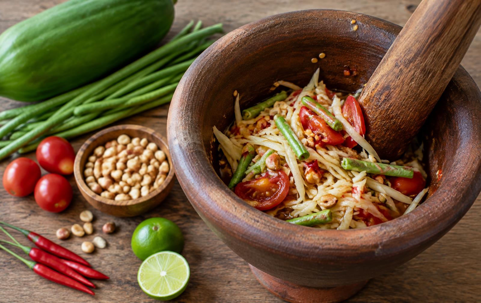 Green papaya salad in a clay mortar with a wooden pestle, surrounded by long beans, tomatoes, peanuts, chilies and lime
