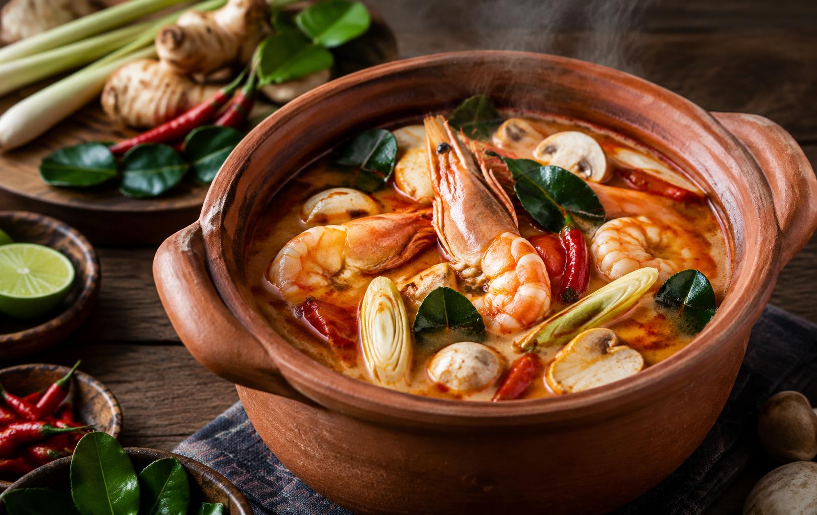 A clay pot of tom yum goong with shrimp, mushrooms, lemongrass, makrut lime leaves and chilies, with steam rising