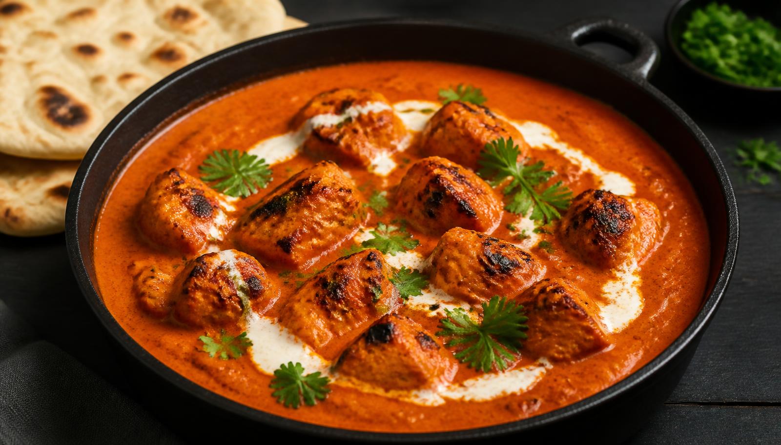 Chicken tikka masala in a black cast iron pan with charred chicken pieces in a glossy orange tomato cream sauce, cilantro and naan alongside