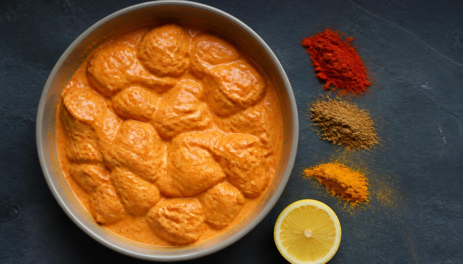 Cubes of chicken thigh coated in a thick orange yogurt and spice marinade in a metal bowl beside piles of chile, cumin and turmeric powder