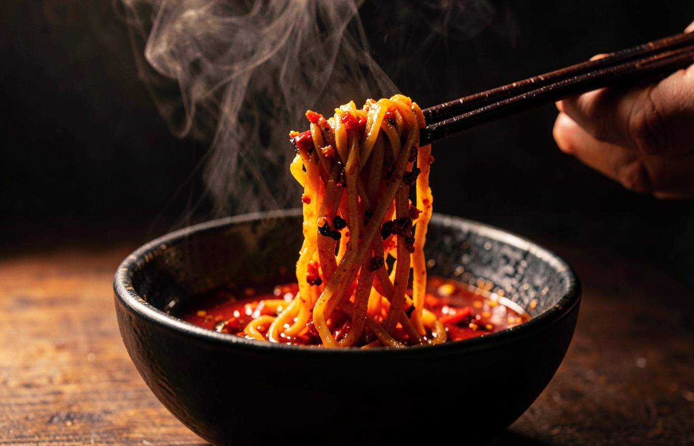 Chopsticks lifting steaming chili oil noodles out of a black bowl