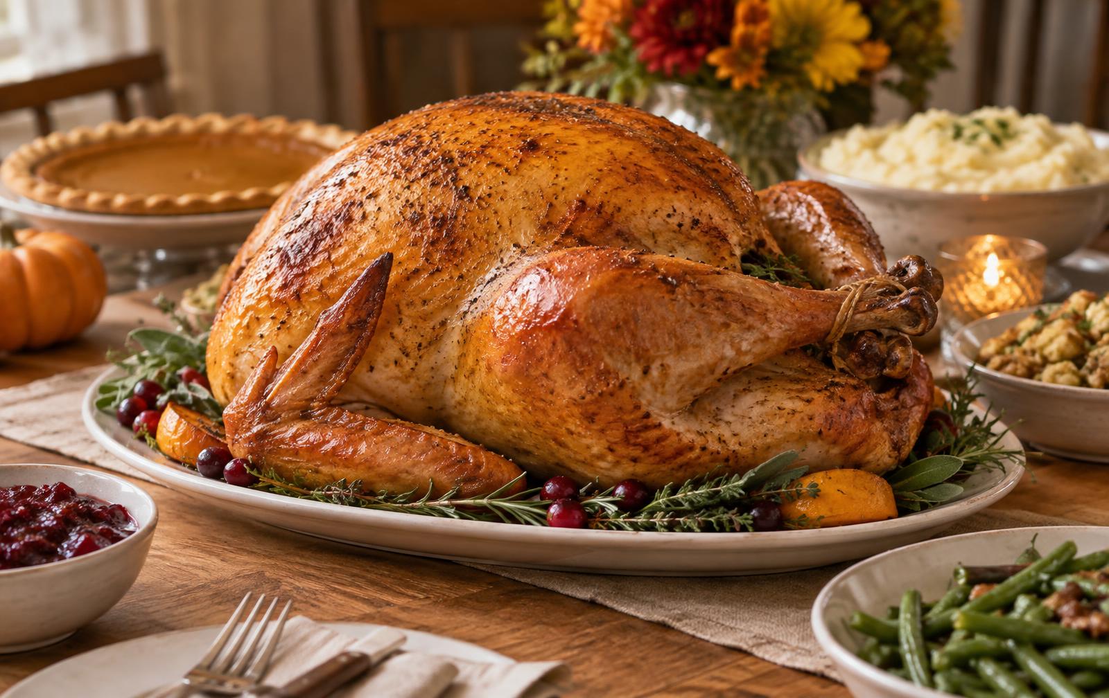 A roasted whole turkey on a platter on a rustic wooden table