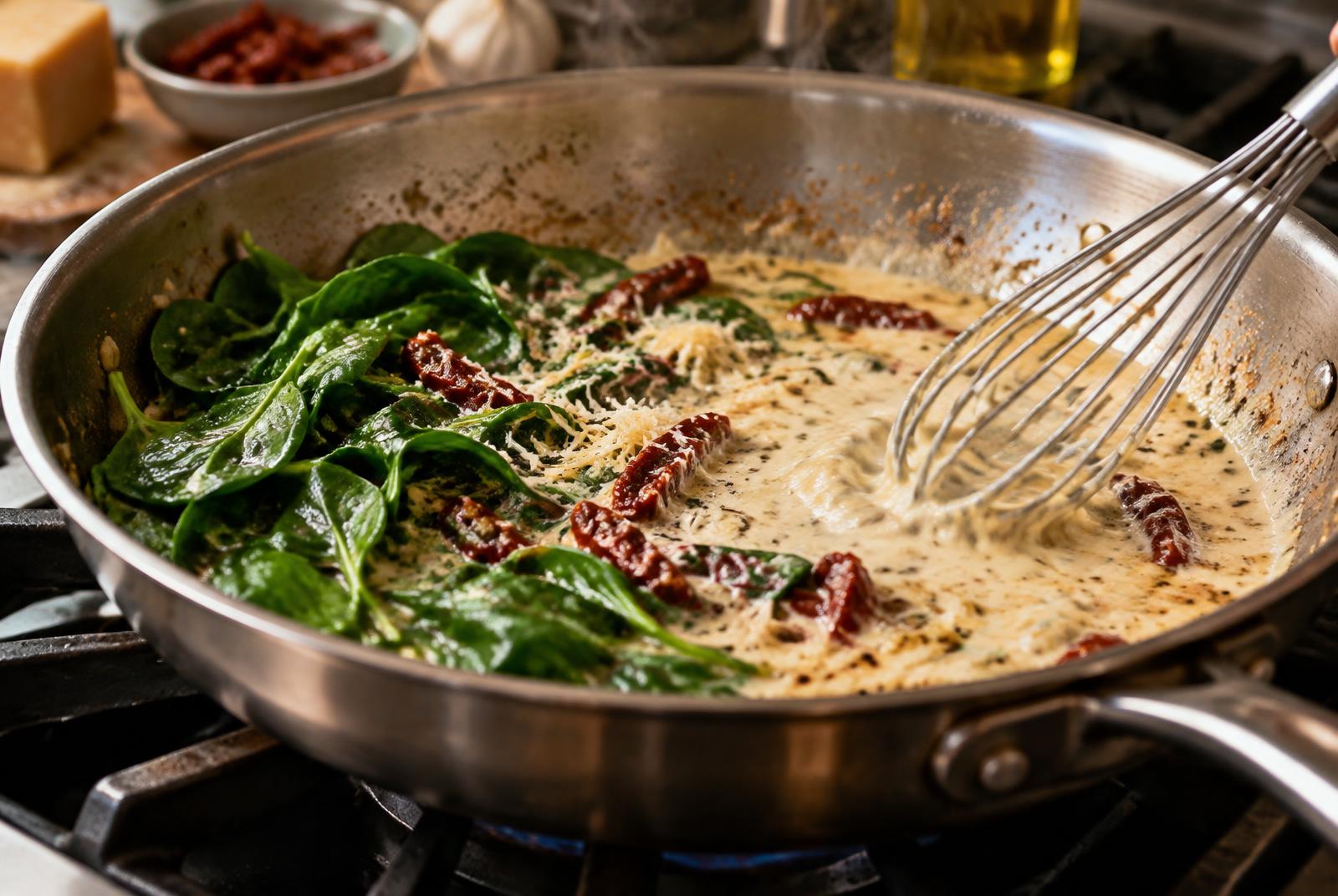 A skillet of pale cream sauce with sun-dried tomato strips and fresh spinach being wilted in with a whisk