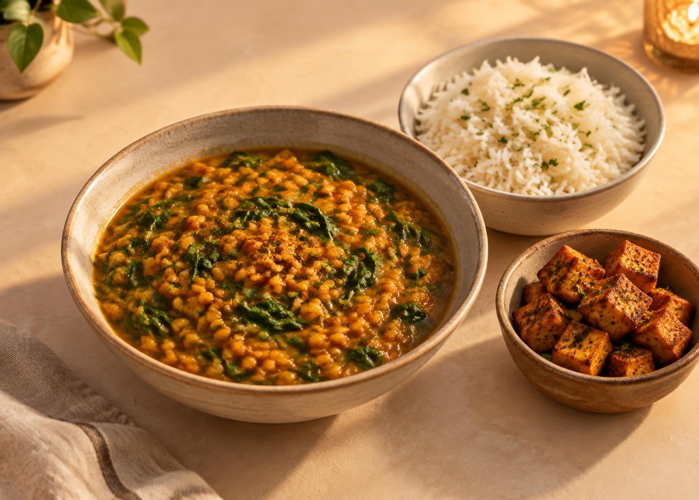 A bowl of red lentil dal with spinach beside basmati rice and a small bowl of crispy tofu cubes