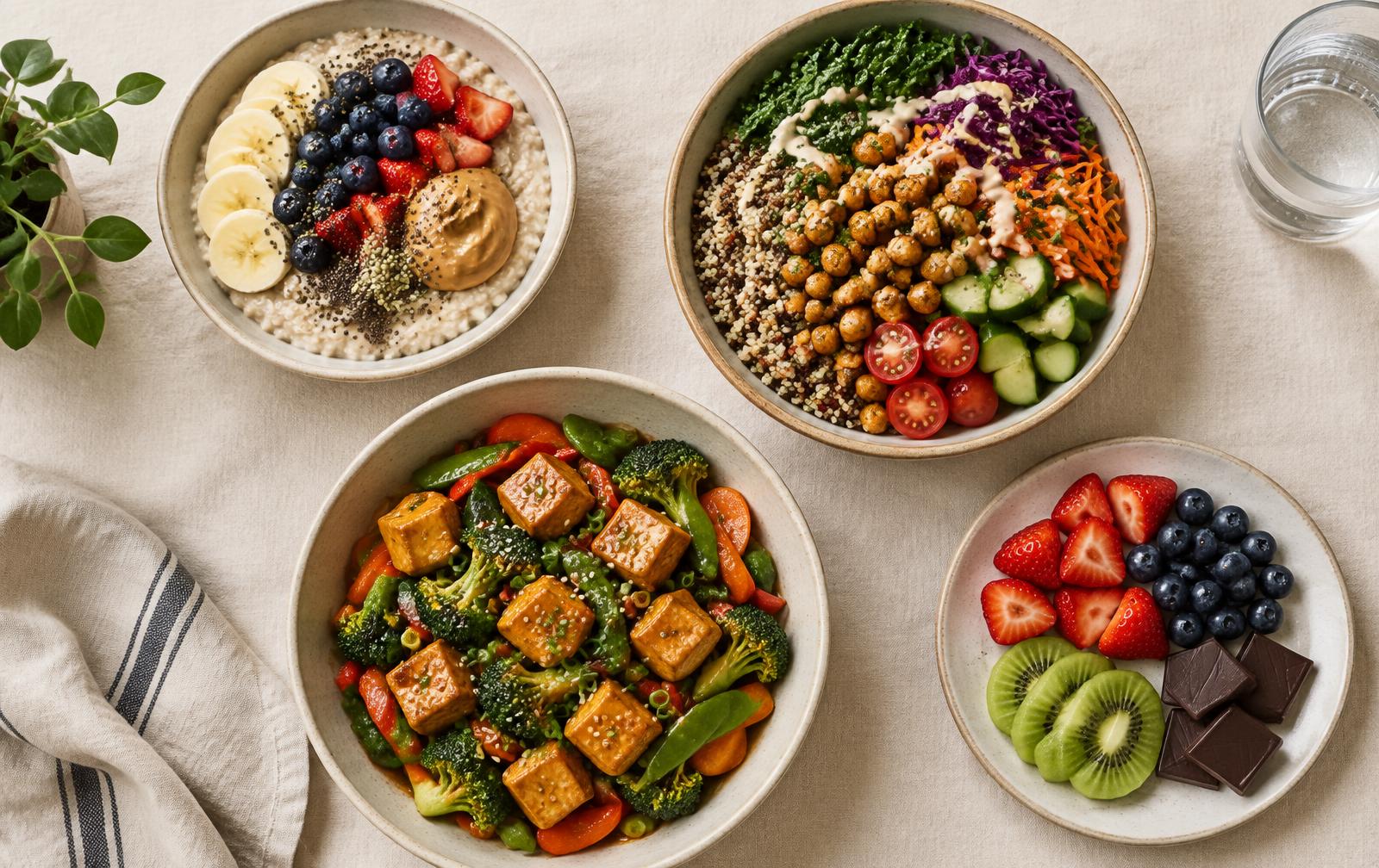 A full day of vegan meals on a linen table: oatmeal with berries and peanut butter, a chickpea grain bowl, a tofu stir-fry, and fruit with dark chocolate