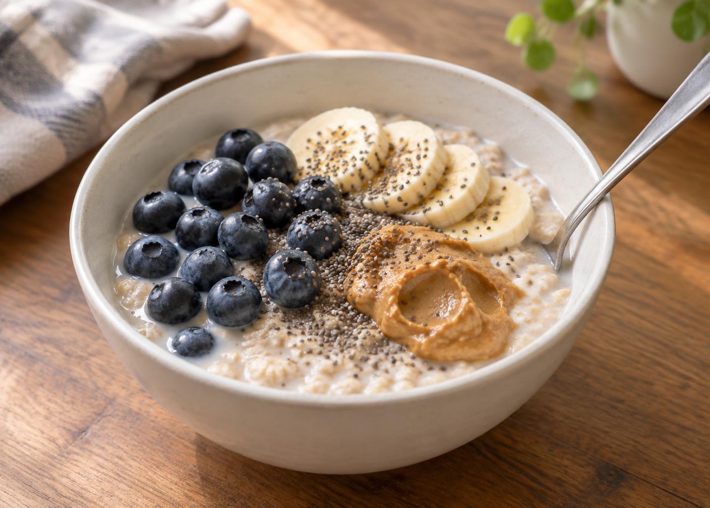 A bowl of oatmeal with blueberries, sliced banana, chia seeds and a spoonful of peanut butter