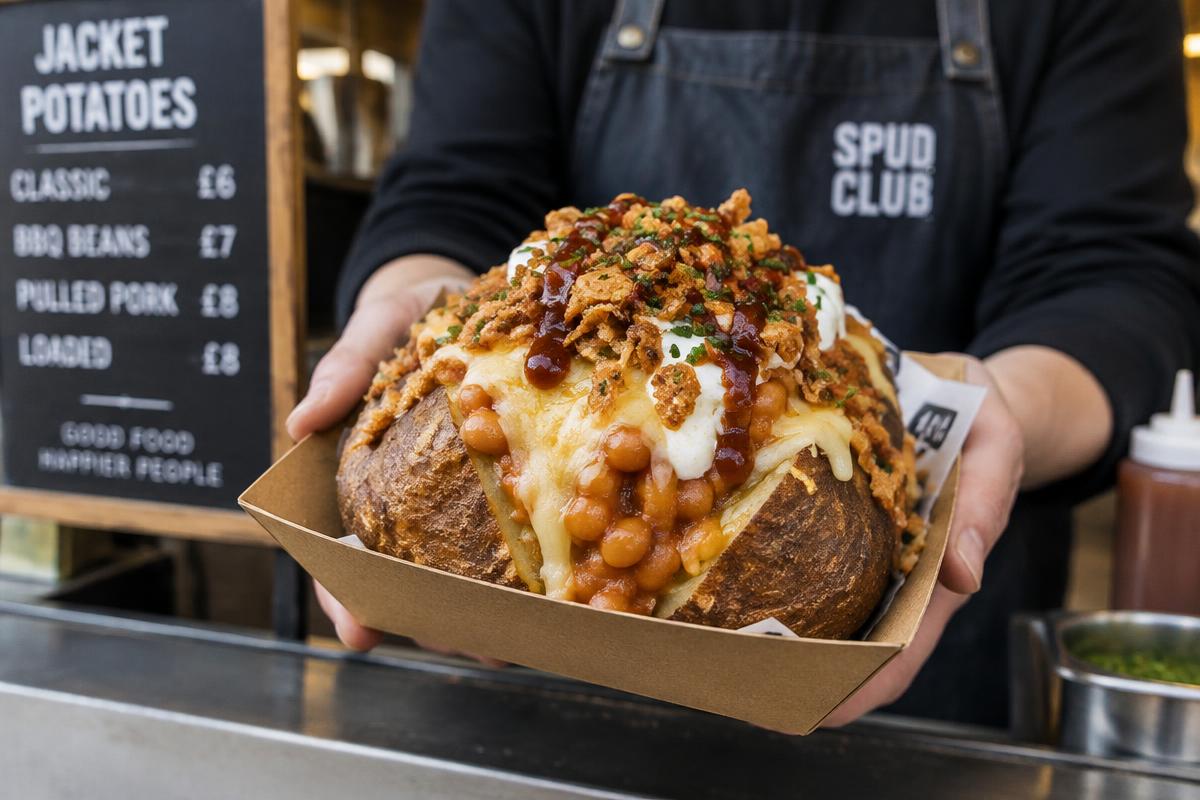 A loaded jacket potato topped with melted cheese, beans and crispy onions served in a cardboard tray