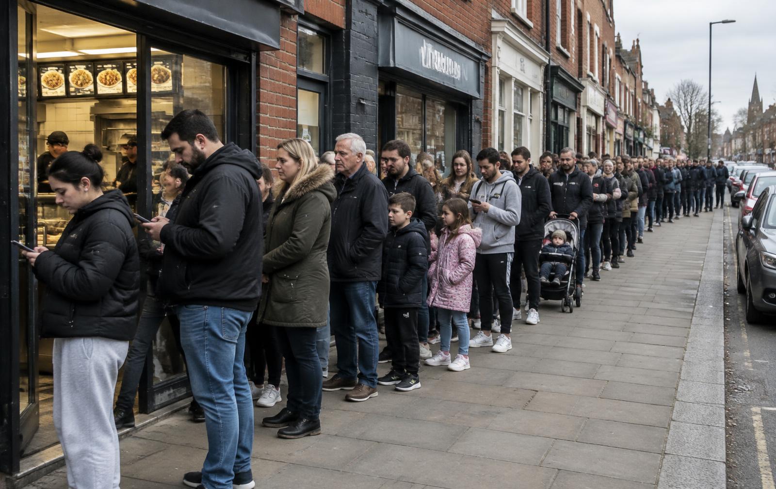 A long queue of people stretching down a British high street pavement outside a small takeaway food shop