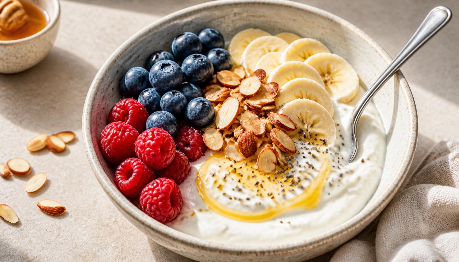 Thick Greek yogurt breakfast bowl topped with blueberries, raspberries, sliced banana, toasted almonds, chia seeds and a swirl of honey