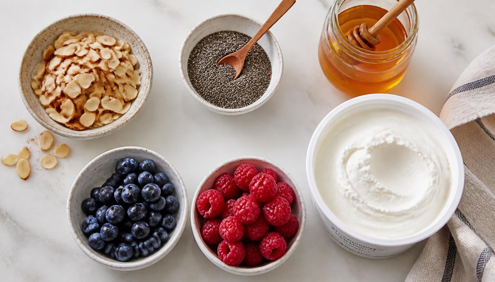 Overhead view of yogurt bowl components in small bowls: toasted sliced almonds, chia seeds, blueberries, raspberries, honey in a jar and a tub of thick strained yogurt